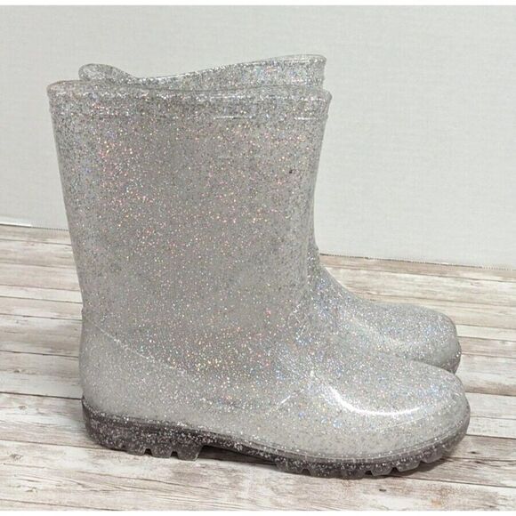 Olive & Edie Girls Size 4 Gray Leather Round Toe Pull On Glitter Rain Boot - Picture 1 of 9